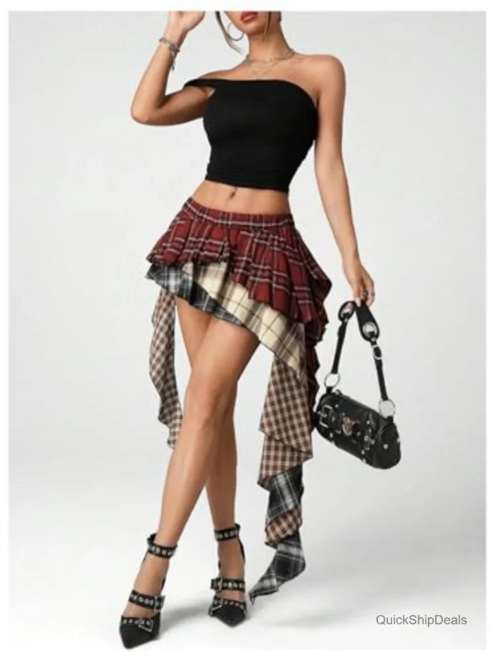 Plaid Asymmetrical Mini Skirt Built-in Shorts Tiered Ruffle Low Waist Y2K